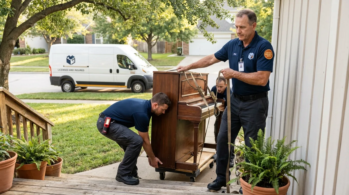 Licensed piano movers securing grand piano in Saint Joseph, IL