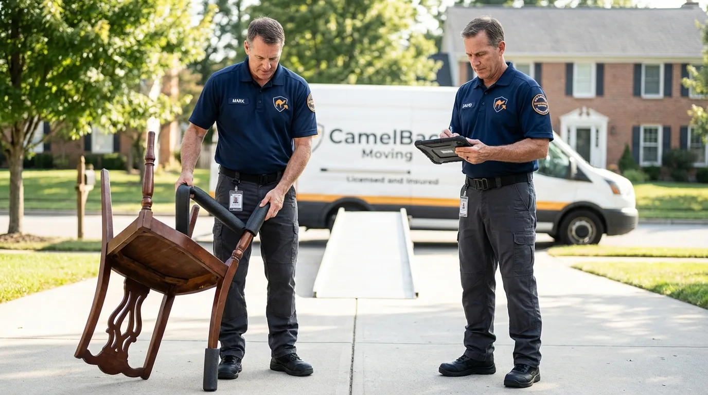 Movers inspecting furniture for damage prevention before loading in Saint Joseph, IL